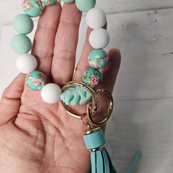 Mint Green Silicone Bead Stretch Bracelet Keychain with Tassel Bag Charm - Picture 2 of 2